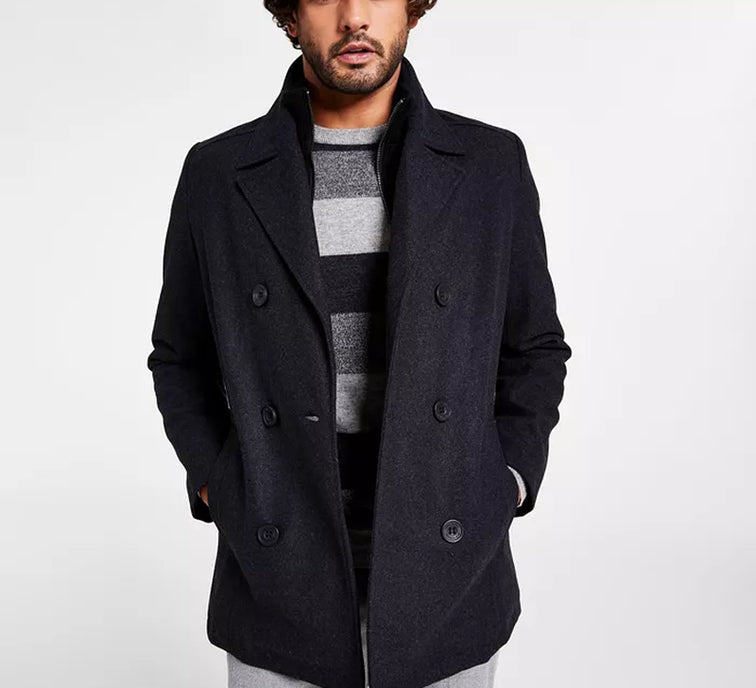 Men'S Double Breasted Wool Blend Peacoat with Bib