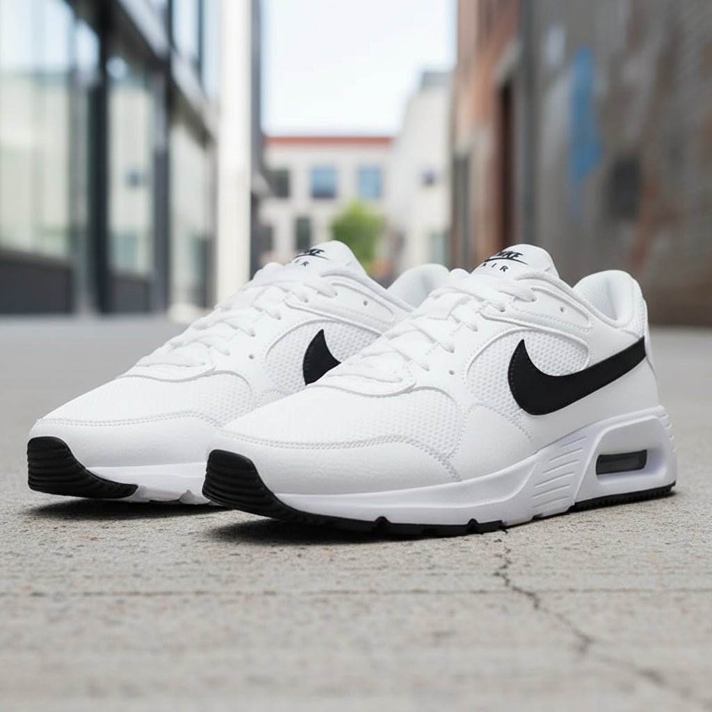 White sneakers with black accents on a white background