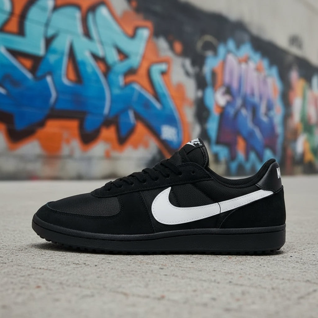 Black sneaker with a white logo on a light gray background